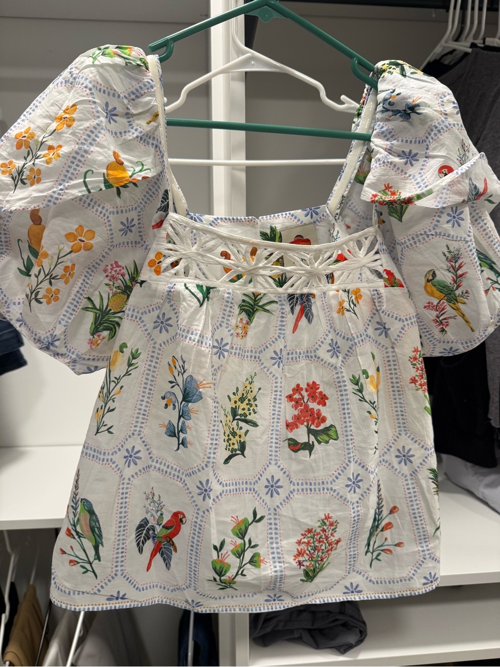 FARM Rio White Floral & Bird Lattice-Paneled Puff Sleeve Tunic